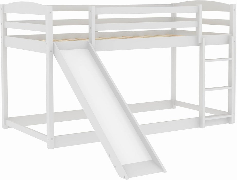 White Low Twin over Twin Bunk Bed with Slide