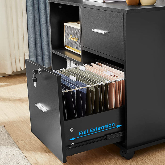 Black 2-Drawer File Cabinet with Lock and Shelves