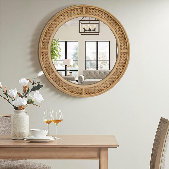 Round Rattan Wall Mirror with Wooden Framed, Modern Boho Decorative Mirror for Bathroom, Entry, Living Room, Bedroom, 24 Inch