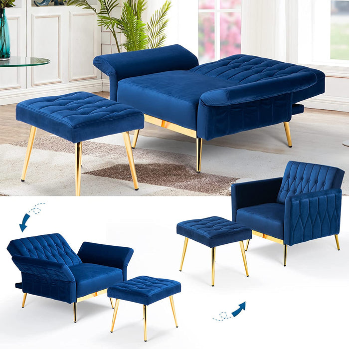 Adjustable Velvet Armchair with Ottoman, Blue