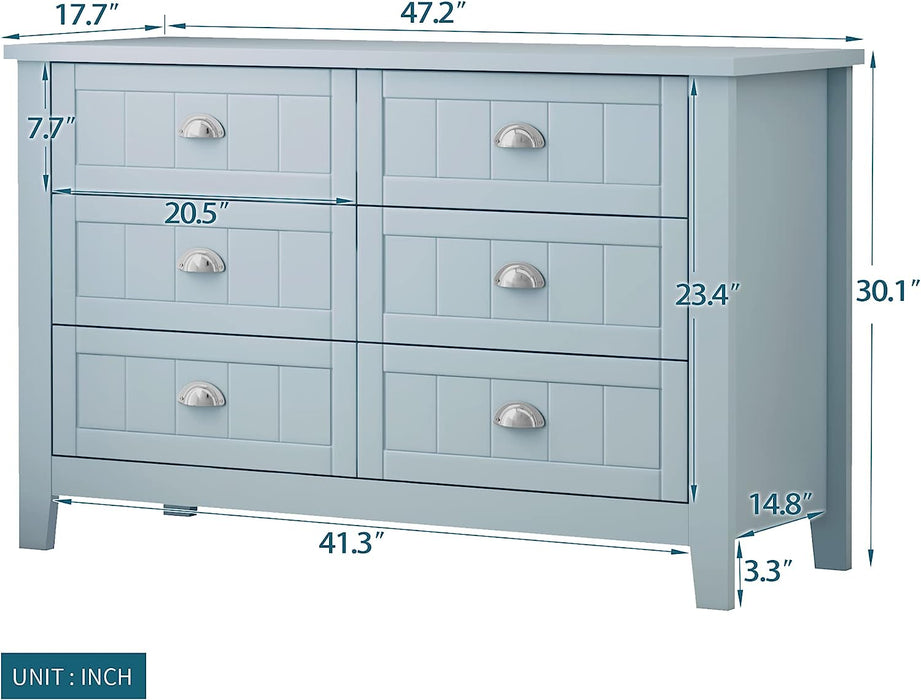 Blue-Grey 6 Drawer Wood Dresser with Metal Handles