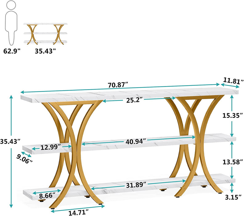 Gold Console Table with 3 Tier Shelves