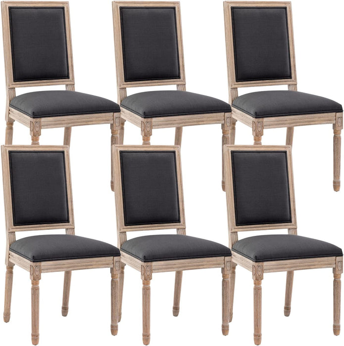 Set of 6 French Country Farmhouse Dining Chairs, Square Backrest, Upholstered, Solid Wood Leg