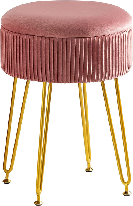 Pleated Velvet Ottoman with Metal Legs and Top Cover