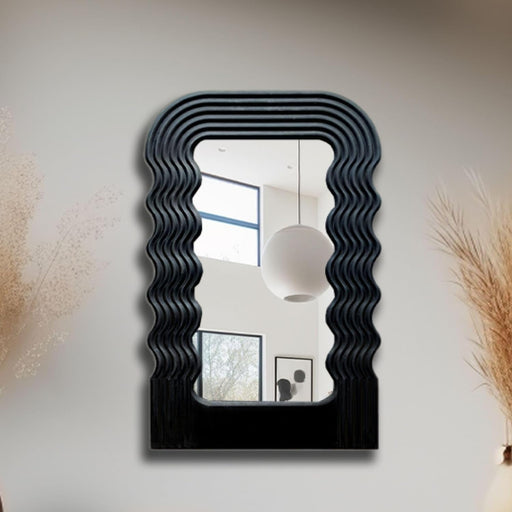 36"X24" Asymmetric Irregular Wall Mirror, Wooden Framed Decorative Mirror for Livingroom Bedroom Bathroom Entryway over Sink Vanity, Horizontally or Vertically Wall Mounted, Black, Virgo