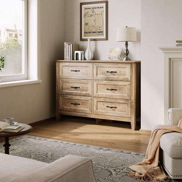 Long 6-Drawer Wood Chest with Metal Handles