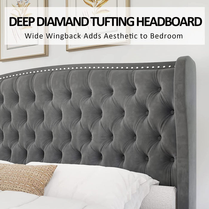Velvet Queen Platform Bed Frame, Wingback Headboard