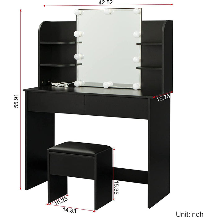 Large Vanity Set with 10 Lights Bulbs, 2 Drawers (Black)
