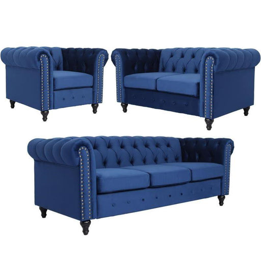 3 Piece Set with Velvet Living Room Sofa Loveseat and Chair in Blue
