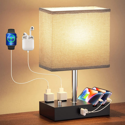 Dimmable Nightstand Lamp with USB C Ports, Grey