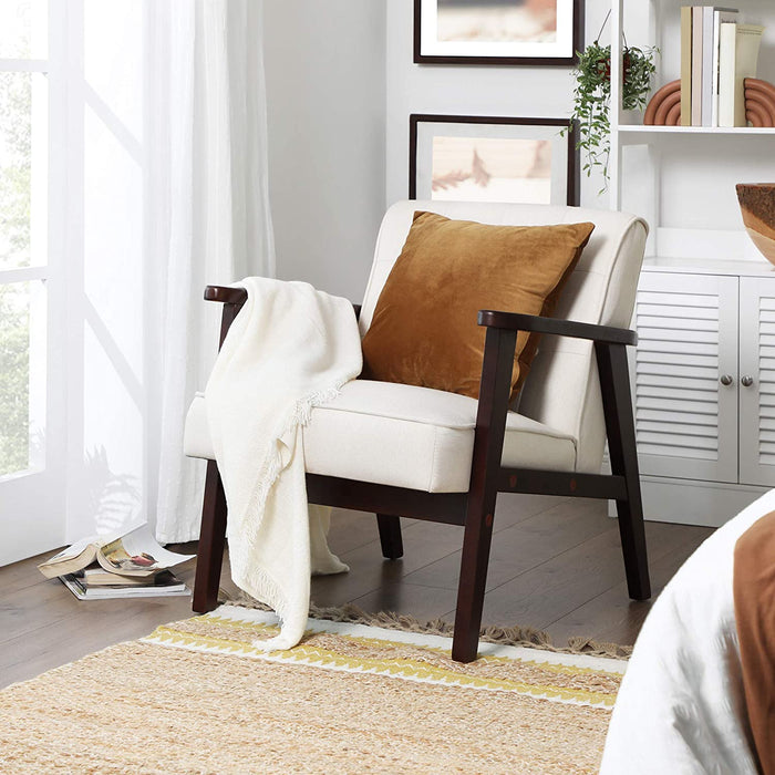 Mid-Century Modern Beige Accent Chair with Wood Details