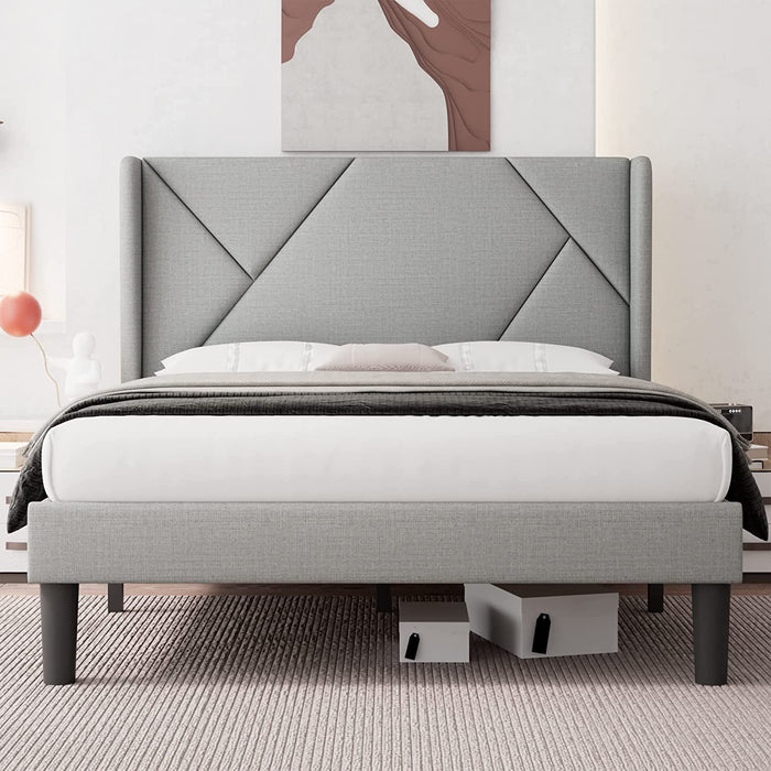 Light Grey Wingback Queen Upholstered Platform Bed Frame W/ Wood Slats Support