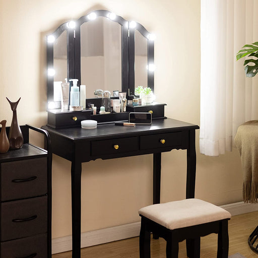 Tri-Fold Makeup Vanity with Lights, Mirror, Stool, 4 Drawers (Black)