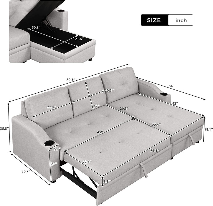 Gray L-Shape Sofa Bed with Storage and Cup Holder