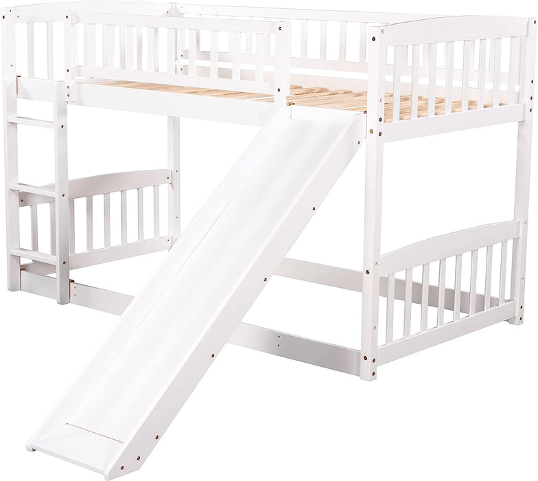 Twin Low Bunk Bed with Openable Fence and Slide, White