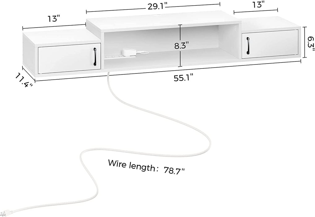White Floating TV Stand with LED Light and Power Outlet