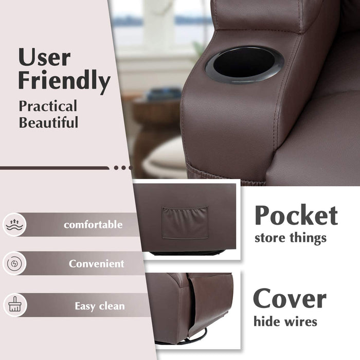 Brown Leather Rocking Massage Recliner Chair with Cup Holders