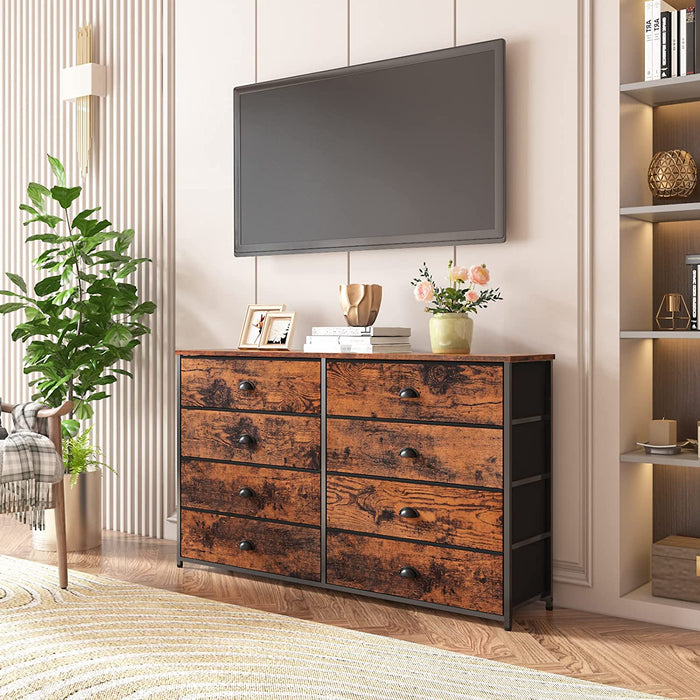 Rustic Brown 8-Drawer Chest of Drawers with Fabric Drawers