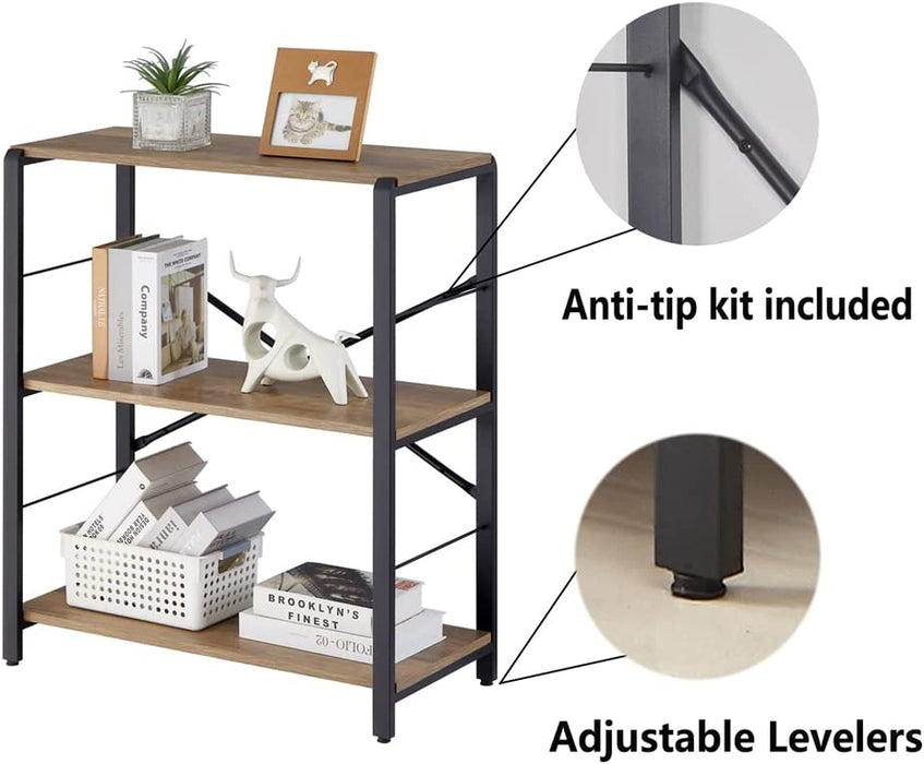 Rustic Oak Bookshelf with Metal Frame, 3-Tier