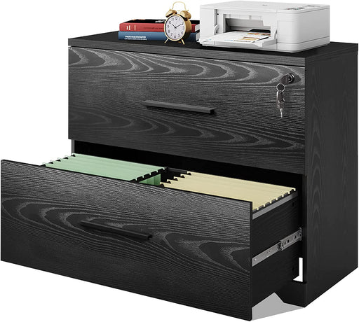 Black Wood File Cabinet with Lock, 2-Drawer