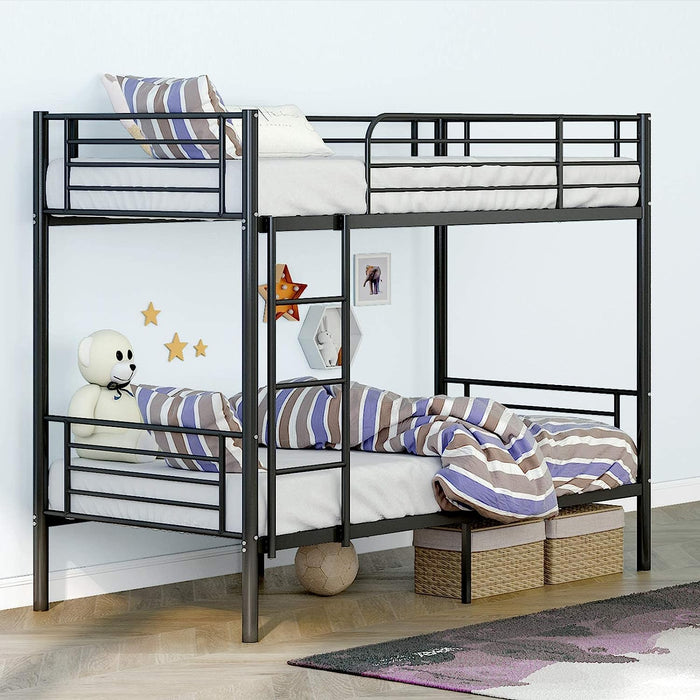 Twin Size Metal Bunk Bed Frame with Guardrail and Ladders