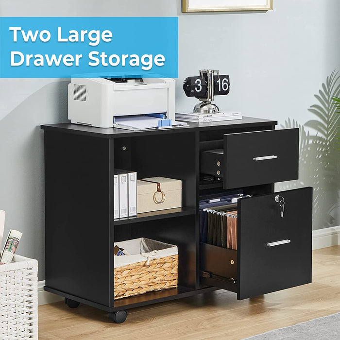 Black 2-Drawer File Cabinet with Lock and Shelves