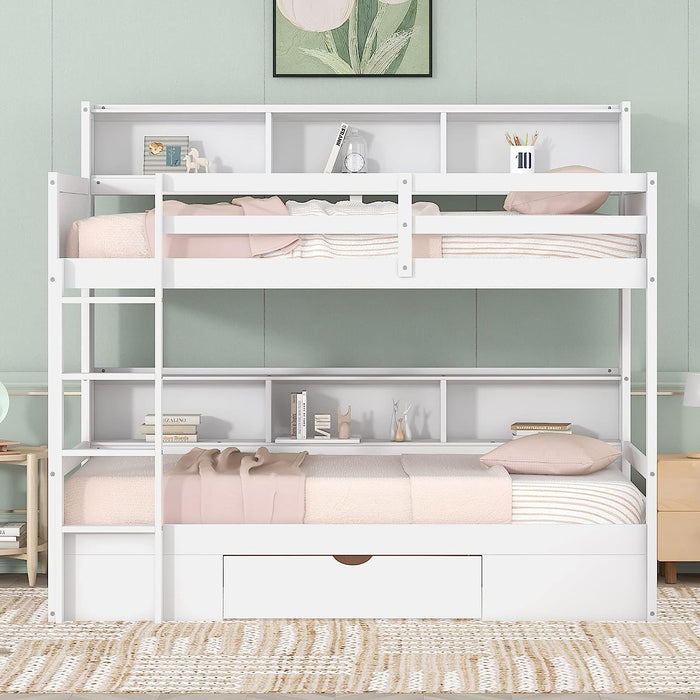 Twin over Twin Solid Wood Bed Frame with Built-In Shelves and Storage Drawer