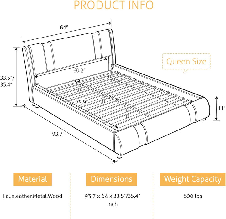 Queen Platform Bed Frame, Adjustable Headboard