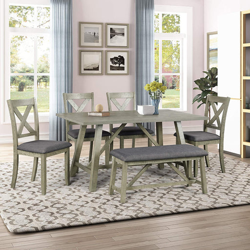 Rustic Gray Wooden 6-Piece Dining Table Set with Cushioned Chairs and Bench