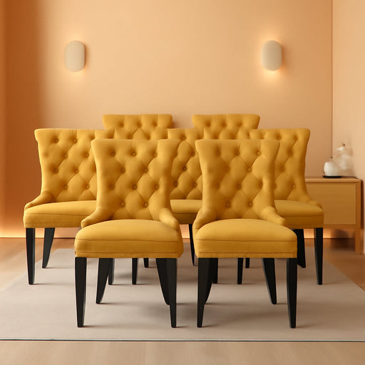 Gold Velvet Dining Room Chairs, Tufted, Ring Pull Trim