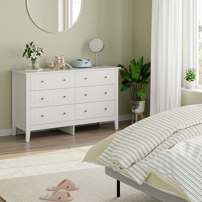 Modern White 6-Drawer Double Dresser, Wide Chest