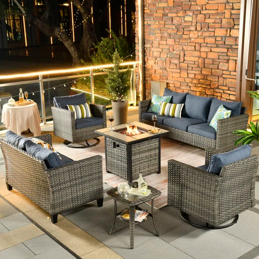 Kaniha Rattan Wicker 7 - Person Seating Group with Fire Pit and Cushions