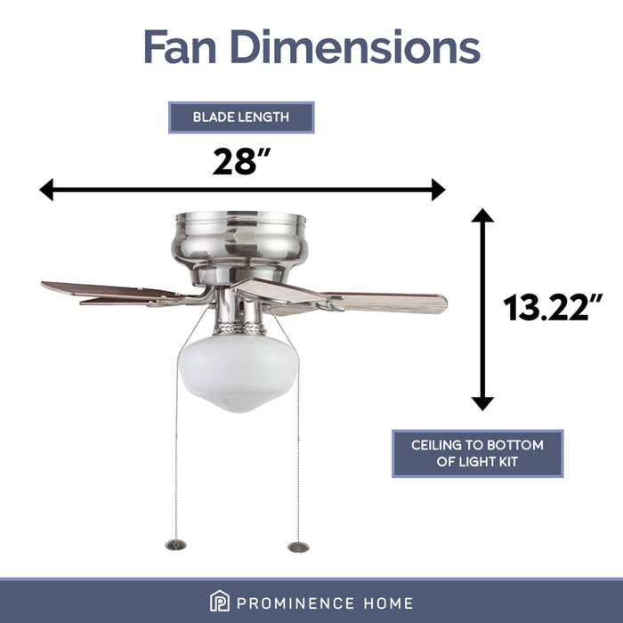 Prominence Home Hero 28" Brushed Nickel Flushmount Small Room Ceiling Fan with 5 Blades, Globe Light Kit & Pull Chains