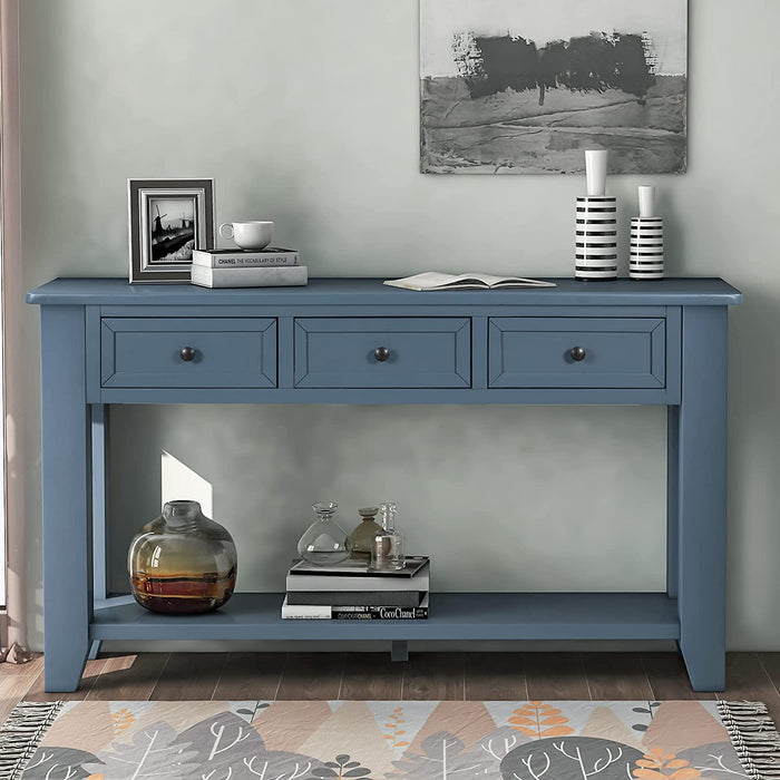 Blue Console Table with Drawers and Shelf