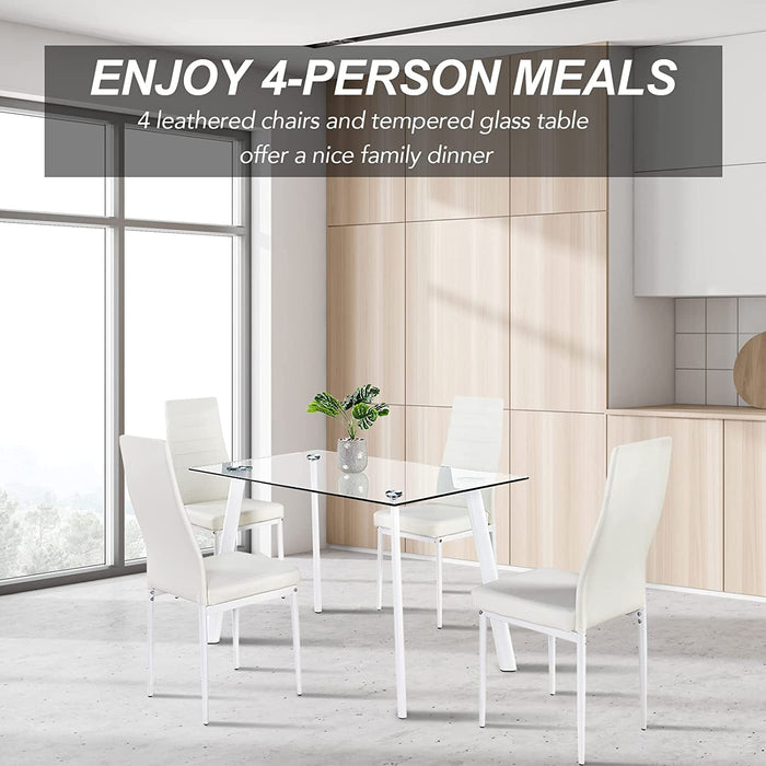 Modern White Dining Room Table Set for 4, Glass Top