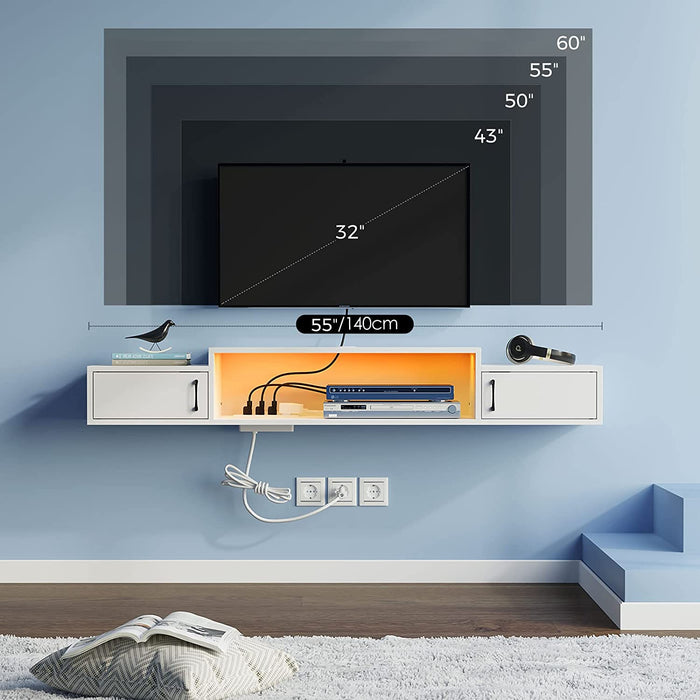 White Floating TV Stand with LED Light and Power Outlet