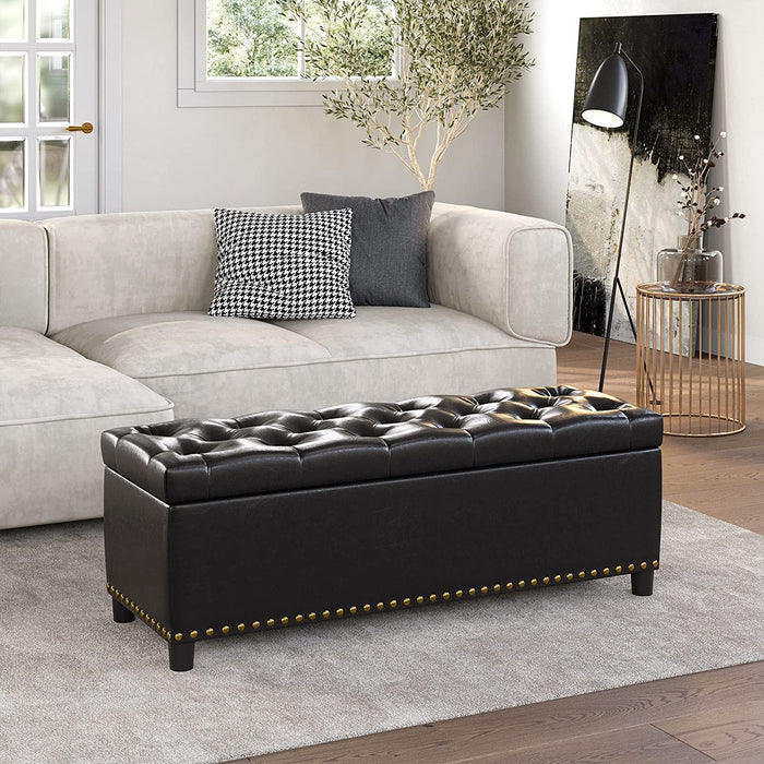 Tufted Faux Leather Ottoman with Storage - Dark Brown