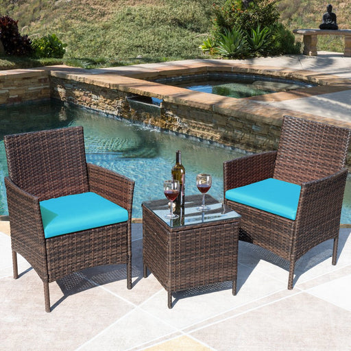3 Pieces Patio Conversation Set Outdoor Furniture Set Patio PE Rattan Wicker Chairs with Table, Brown/ Blue