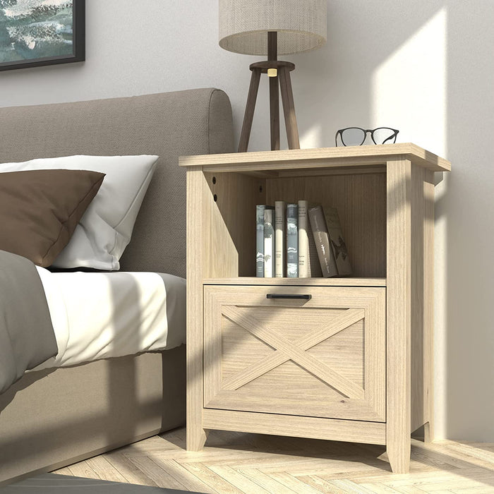 Beige Wood Nightstand with Storage Drawer and Cubby