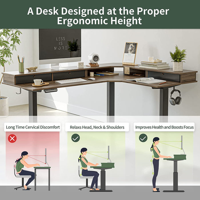 Triple Motor 63″ L Shaped Standing Desk with 3 Drawers, Electric, Black Frame/Black Walnut Top