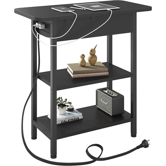 End Table with Charging Station, Flip Top Side Table for Small Spaces, Black