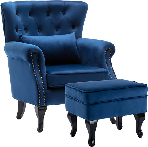 Blue Velvet Wingback Chair and Ottoman Set