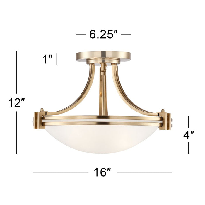 Modern Art Deco Ceiling Light Semi Flush Mount Fixture Warm Brass 16" Wide White Glass Bowl Bedroom Hallway