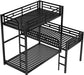 L-Shaped Triple Bunk Beds, 2 Ladders, Full Guardrails, Black