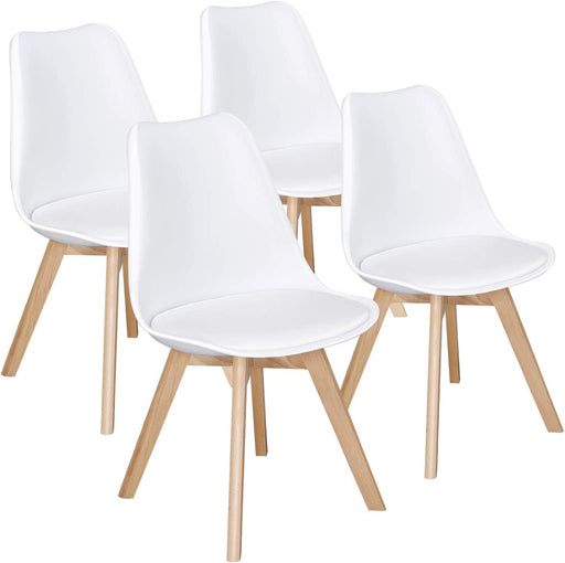 Set of 4 White DSW Accent Shell Chairs, Beech Wood Legs, Mid Century Modern Eiffel Inspired, PU Upholstered