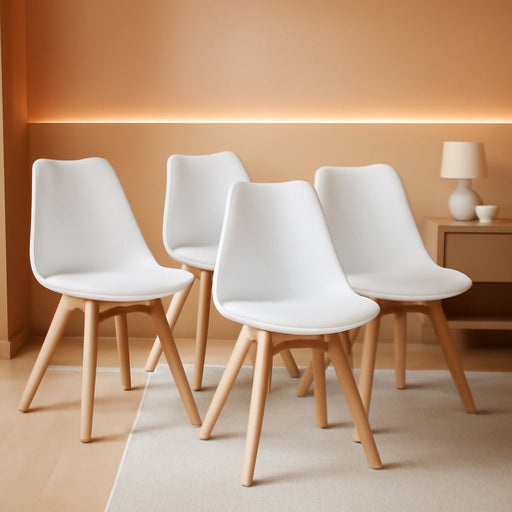 Set of 4 White DSW Accent Shell Chairs, Beech Wood Legs, Mid Century Modern Eiffel Inspired, PU Upholstered