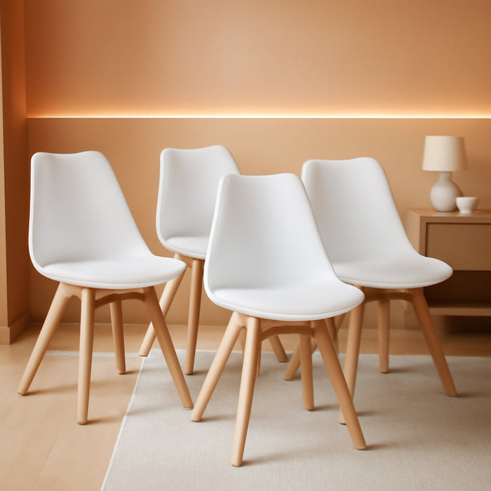 Set of 4 White DSW Accent Shell Chairs, Beech Wood Legs, Mid Century Modern Eiffel Inspired, PU Upholstered