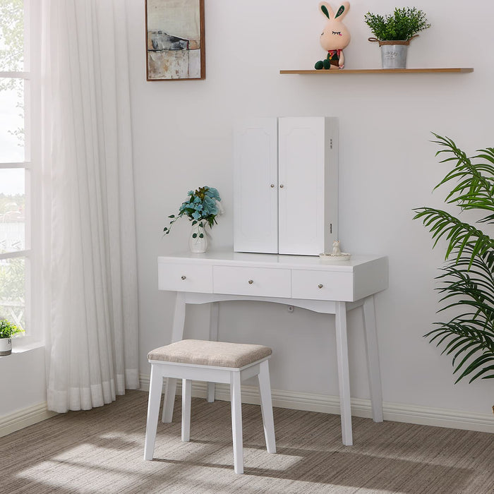 White Vanity Desk Set with Lighted Mirror & Makeup Cabinet