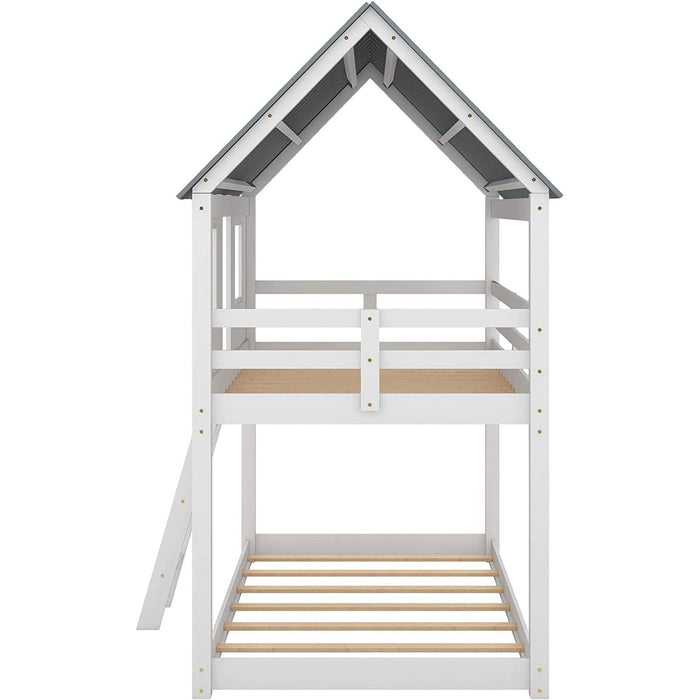 Twin House Bunk Bed with Playhouse, White and Gray