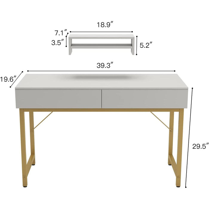 White Home Office Desk with Drawer and Monitor Stand